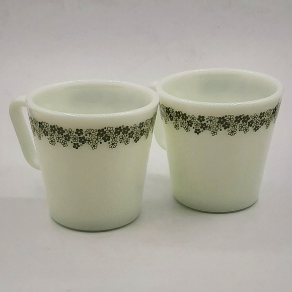 Vintage Pyrex Coffee Cup Mug Milk Glass Green Crazy Daisy Spring Blossom Pair - Picture 3 of 6